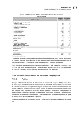 RELATÓRIO OE2014
Políticas Sectoriais para 2014 e Recursos Financeiros
175
Quadro IV.10.4. Economia (P009) - Despesa por Medidas dos Programas
(milhões de euros)
Fonte: Ministério das Finanças.
O orçamento de despesa do Programa Economia encontra-se desagregado por 13 medidas, destacando-
se a medida “Parcerias Público Privadas” da área dos transportes, da responsabilidade da Estradas de
Portugal, SA atingindo 1.177 milhões de euros, representando 26,1 % do total orçamentado.
Outra medida que representa um peso orçamental considerável é a dos “Transportes Ferroviários”, com
22,6% do total. Nesta Medida destacam-se a Rede Ferroviária Nacional – REFER, EPE, o Metropolitano
de Lisboa, EPE e o Metro do Porto, SA como sendo as entidades mais relevantes.
IV.11. Ambiente, Ordenamento do Território e Energia (P010)
IV.11.1. Políticas
A criação do Ministério do Ambiente, do Ordenamento do Território e da Energia (MAOTE), na sequência
da restruturação concretizada em 2013, tem associada uma melhoria da eficácia da estrutura institucional
do Estado na prossecução dos objetivos estratégicos assumidos pelo Governo, designadamente no que
respeita à definição, coordenação e execução das políticas de ambiente, ordenamento do território, cida-
des, habitação, clima, conservação da natureza, energia, geologia e ecoinovação, numa perspetiva de
desenvolvimento sustentável e de coesão social e territorial, assegurando, igualmente, o planeamento e a
coordenação da aplicação de fundos nacionais e comunitários a favor do ambiente e qualidade de vida e
da valorização dos recursos energéticos e territoriais.
Há a destacar as seguintes prioridades e medidas a implementar no ano de 2014 para a sua concretiza-
ção:
Serviços Gerais da Administração Pública
- Administração geral 2,4 0,1
- Investigação científica de carácter geral 4,7 0,1
Transportes e comunicações
- Administração e regulamentação 77,5 1,7
- Investigação 34,5 0,8
- Transportes rodoviários 593,9 13,2
- Transportes ferroviários 1.018,2 22,6
- Transportes aéreos 56,2 1,2
- Transportes marítimos e fluviais 65,1 1,4
- Sistemas de comunicações 45,2 1,0
- Parcerias Público Privadas 1.176,5 26,1
Comércio e turismo
- Turismo 165,1 3,7
Outras funções económicas
- Administração e regulamentação 80,5 1,8
- Diversas não especificadas 88,5 2,0
DESPESA TOTAL NÃO CONSOLIDADA 4.509,9 100,0
DESPESA TOTAL CONSOLIDADA 4.336,2
DESPESA EFETIVA 3.234,5
Por Memória
Ativos Financeiros 402,6 8,9
Passivos Financeiros 699,1 15,5
Estado, SFA e EPR
Orçamento de
2014
Estrutura 2014
(%)
 
