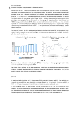 RELATÓRIO OE2014
Economia Portuguesa: Evolução Recente e Perspetivas para 2014
8
Desde maio de 2011, o mercado de trabalho tem sido caracterizado por um aumento do desemprego,
decorrente do ajustamento estrutural da economia portuguesa. No entanto, os resultados do inquérito ao
emprego do INE para o segundo trimestre de 2013 revelam uma descida em cadeia da taxa de desem-
prego de 1,3 p.p. para 16,4%, explicada pela descida do número de pessoas desempregadas. Em termos
homólogos, a taxa de desemprego subiu 1,4 p.p. devido à redução da população ativa e ao aumento da
população desempregada. No que diz respeito ao desemprego de longa duração, a taxa situou-se em
10,2% no segundo trimestre de 2013, abaixo do valor do trimestre anterior (em 0,2 p.p.), mas acima do
registado no período homólogo (em 2,2 p.p.). Quanto ao desemprego jovem, a respetiva taxa atingiu
37,1% no segundo trimestre de 2013, menos 5 p.p. do que trimestre precedente e mais 1,6 p.p. que no
período homólogo.
No segundo trimestre de 2013, a população ativa aumentou ligeiramente quando comparada com o tri-
mestre anterior, mas caiu em termos homólogos, verificando-se, em particular, uma redução da popula-
ção ativa dos 15 aos 34 anos.
Gráfico I.1.10. Taxa de desemprego
(%)
Gráfico I.1.11. Expectativas de emprego – pró-
ximos 3 meses
(SRE, MM3)
Fonte: INE. Fonte: INE.
Paralelamente, os dados disponibilizados pelo IEFP, demonstram que o desemprego registado tem vindo
a reduzir-se entre fevereiro e agosto de 2013.
De acordo com o inquérito do INE aos empresários, o indicador das expectativas de emprego para os
próximos 3 meses, designadamente na indústria, apresenta uma trajetória crescente em 2013, o que
poderá antecipar uma melhoria no mercado de trabalho.
Preços
A taxa de variação homóloga do IPC situou-se em 0,3% no terceiro trimestre de 2013. Esta variação cor-
responde a menos 2,6 p.p. que no período homólogo. Durante os primeiros três trimestres de 2013, o
IHPC em Portugal cresceu a um ritmo inferior ao verificado nos países da área do euro.
A taxa de inflação média em 2013, medida pelo IPC, deverá situar-se em 0,6%, num contexto de fraca
dinâmica da procura interna e com alguma heterogeneidade de variações entre classes de bens e servi-
ços. Esta diminuição da taxa de inflação média reflete o esbatimento dos efeitos base do aumento da
tributação e dos preços regulados, que foi significativo em 2011 e 2012 mas residual em 2013.
0,0
2,0
4,0
6,0
8,0
10,0
12,0
14,0
16,0
18,0
20,0
I II III IV I II III IV I II III IV I II
2010 2011 2012 2013
Taxa de desemprego trimestral
Taxa de desemprego anual
-25
-20
-15
-10
-5
0
jan-08
abr-08
jul-08
out-08
jan-09
abr-09
jul-09
out-09
jan-10
abr-10
jul-10
out-10
jan-11
abr-11
jul-11
out-11
jan-12
abr-12
jul-12
out-12
jan-13
abr-13
jul-13
Indústria Transfomadora Serviços
 