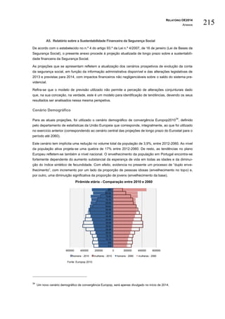 RELATÓRIO OE2014
Anexos 215
A5. Relatório sobre a Sustentabilidade Financeira da Segurança Social
De acordo com o estabelecido no n.º 4 do artigo 93.º da Lei n.º 4/2007, de 16 de janeiro (Lei de Bases da
Segurança Social), o presente anexo procede à projeção atualizada de longo prazo sobre a sustentabili-
dade financeira da Segurança Social.
As projeções que se apresentam refletem a atualização dos cenários prospetivos de evolução da conta
da segurança social, em função da informação administrativa disponível e das alterações legislativas de
2013 e previstas para 2014, com impactos financeiros não negligenciáveis sobre o saldo do sistema pre-
videncial.
Refira-se que o modelo de previsão utilizado não permite a perceção de alterações conjunturais dado
que, na sua conceção, na verdade, este é um modelo para identificação de tendências, devendo os seus
resultados ser analisados nessa mesma perspetiva.
Cenário Demográfico
Para as atuais projeções, foi utilizado o cenário demográfico de convergência Europop2010
34
, definido
pelo departamento de estatísticas da União Europeia que corresponde, integralmente, ao que foi utilizado
no exercício anterior (correspondendo ao cenário central das projeções de longo prazo do Eurostat para o
período até 2060).
Este cenário tem implícita uma redução no volume total da população de 3,9%, entre 2012-2060. Ao nível
da população ativa projeta-se uma quebra de 17% entre 2012-2060. De resto, as tendências no plano
Europeu refletem-se também a nível nacional. O envelhecimento da população em Portugal encontra-se
fortemente dependente do aumento substancial da esperança de vida em todas as idades e da diminui-
ção do índice sintético de fecundidade. Com efeito, evidencia no presente um processo de “duplo enve-
lhecimento”, com incremento por um lado da proporção de pessoas idosas (envelhecimento no topo) e,
por outro, uma diminuição significativa da proporção de jovens (envelhecimento da base).
Pirâmide etária - Comparação entre 2010 e 2060
Fonte: Europop 2010.
34
Um novo cenário demográfico de convergência Europop, será apenas divulgado no início de 2014.
600000 400000 200000 0 200000 400000 600000
0-4
5-9
10-15
16-19
20-24
25-29
30-34
35-39
40-44
45-49
50-54
55-59
60-64
65-69
70-74
75-80
80-84
+85
homens - 2010 mulheres - 2010 homens - 2060 mulheres - 2060
 