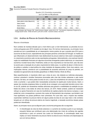 RELATÓRIO OE2014
Economia Portuguesa: Evolução Recente e Perspetivas para 2014
20
Quadro I.2.5. Previsões orçamentais
(em % do PIB e do PIB potencial)
Fontes: Ministério das Finanças; FMI - World Economic Outlook, outubro 2013; CE - The Economic Adjustment Programme for
Portugal seventh review - Winter 2012/2013, junho 2013; OCDE - Economic Outlook, maio 2013.
I.2.4. Análise de Riscos do Cenário Macroeconómico
Riscos e Incertezas
Num contexto de incerteza elevada quer a nível interno quer a nível internacional, as previsões da eco-
nomia portuguesa para 2014 revestem-se de algum risco. Em termos internacionais, os principais riscos
prendem-se com a possibilidade de um desempenho menos positivo do que o previsto para 2014 para a
economia da área do euro, especialmente dos principais parceiros comerciais de Portugal, na medida em
que influenciaria um desenvolvimento mais desfavorável da procura externa e teria assim consequências
no crescimento económico pela via das exportações portuguesas. Adicionalmente, uma eventual intensifi-
cação da instabilidade financeira em algumas economias emergentes poderá determinar um crescimento
económico mundial menos forte. Finalmente, existe um risco importante ao nível dos EUA, caso não exis-
ta acordo para a resolução de um plano orçamental de médio prazo, no sentido de elevar o limite da dívi-
da pública e substituir a atual política de cortes imediatos de despesa pública. Outro risco externo, com
implicações internas, prende-se com a possibilidade de aumentos adicionais do preço do petróleo, em
resultado do agravamento das tensões geopolíticas no Médio Oriente e Norte de África.
Mais especificamente, é importante referir que a área do euro, não obstante as melhorias alcançadas,
continua vulnerável a tensões financeiras provocadas pela crise das dívidas soberanas e pelo sector
bancário. De facto, em vários países da área do euro, o peso dos empréstimos de cobrança duvidosa tem
vindo a aumentar, o que poderá ditar necessidades acrescidas de capital para muitos bancos. Assim, e
apesar dos recentes progressos feitos no sentido de se consagrar uma supervisão bancária comum den-
tro da UE, poderão ser necessárias medidas adicionais para garantir a credibilidade da avaliação da qua-
lidade dos ativos e dos testes de stress dos bancos, em 2014. Neste contexto, poderá ser necessário
reforçar os apoios financeiros em caso de insuficiência de capitais próprios dos bancos europeus, o que
poderá ter como consequência o aumento dos custos de financiamento das empresas, que tenderá a ser
mais significativo nos países periféricos mais vulneráveis. Por outro lado, caso o impacto das medidas
orçamentais restritivas na procura interna em alguns países da área do euro seja maior e não contraba-
lançado por um reforço da procura externa da mesma magnitude, a recessão económica desses países
poderá ser intensificada.
Assim, os principais riscos que se afiguram para a economia portuguesa são os seguintes:
1. A intensificação da crise da dívida soberana e o aumento da incerteza quanto à sua resolução,
enquanto fatores que contribuem para uma deterioração dos níveis de confiança dos agentes
económicos e para um aumento dos custos de financiamento. A concretização deste risco
implica um menor dinamismo da procura interna na área do euro e favorece uma depreciação do
euro em termos efetivos.
MF CE FMI OCDE MF CE FMI OCDE
Saldo global (critério Maastricht) -5,9 -5,5 -5,5 -6,4 -4,0 -4,0 -4,0 -5,6
Saldo primário -1,6 -1,1 -1,4 -2,1 0,3 0,4 0,1 -1,0
Saldo estrutural -3,9 -3,6 -3,4 -2,4 -2,7 -2,2 -1,9 -1,6
Dívida Pública 127,8 122,9 123,6 127,7 126,6 124,2 125,3 132,1
2013 2014
 
