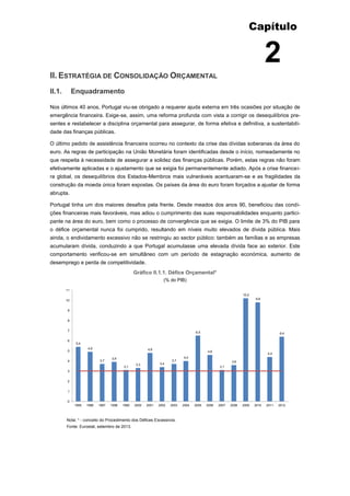Capítulo
2
II. ESTRATÉGIA DE CONSOLIDAÇÃO ORÇAMENTAL
II.1. Enquadramento
Nos últimos 40 anos, Portugal viu-se obrigado a requerer ajuda externa em três ocasiões por situação de
emergência financeira. Exige-se, assim, uma reforma profunda com vista a corrigir os desequilíbrios pre-
sentes e restabelecer a disciplina orçamental para assegurar, de forma efetiva e definitiva, a sustentabili-
dade das finanças públicas.
O último pedido de assistência financeira ocorreu no contexto da crise das dívidas soberanas da área do
euro. As regras de participação na União Monetária foram identificadas desde o início, nomeadamente no
que respeita à necessidade de assegurar a solidez das finanças públicas. Porém, estas regras não foram
efetivamente aplicadas e o ajustamento que se exigia foi permanentemente adiado. Após a crise financei-
ra global, os desequilíbrios dos Estados-Membros mais vulneráveis acentuaram-se e as fragilidades da
construção da moeda única foram expostas. Os países da área do euro foram forçados a ajustar de forma
abrupta.
Portugal tinha um dos maiores desafios pela frente. Desde meados dos anos 90, beneficiou das condi-
ções financeiras mais favoráveis, mas adiou o cumprimento das suas responsabilidades enquanto partici-
pante na área do euro, bem como o processo de convergência que se exigia. O limite de 3% do PIB para
o défice orçamental nunca foi cumprido, resultando em níveis muito elevados de dívida pública. Mais
ainda, o endividamento excessivo não se restringiu ao sector público: também as famílias e as empresas
acumularam dívida, conduzindo a que Portugal acumulasse uma elevada dívida face ao exterior. Este
comportamento verificou-se em simultâneo com um período de estagnação económica, aumento de
desemprego e perda de competitividade.
Gráfico II.1.1. Défice Orçamental*
(% do PIB)
Nota: * - conceito do Procedimento dos Défices Excessivos.
Fonte: Eurostat, setembro de 2013.
5,4
4,9
3,7
3,9
3,1
3,3
4,8
3,4
3,7
4,0
6,5
4,6
3,1
3,6
10,2
9,8
4,4
6,4
0
1
2
3
4
5
6
7
8
9
10
11
1995 1996 1997 1998 1999 2000 2001 2002 2003 2004 2005 2006 2007 2008 2009 2010 2011 2012
 