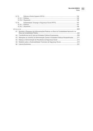RELATÓRIO OE2014
Índice
iii
IV.15. Ciência e Ensino Superior (P014)................................................................................. 192
IV.15.1. Políticas ........................................................................................................................ 192
IV.15.2. Orçamento .................................................................................................................... 194
IV.16. Solidariedade, Emprego e Segurança Social (P015).................................................... 197
IV.16.1. Políticas ........................................................................................................................ 197
IV.16.2. Orçamento .................................................................................................................... 199
A n e x o s .................................................................................................................................203
A1. Receitas e Despesas das Administrações Públicas na Ótica da Contabilidade Nacional e na
Ótica da Contabilidade Pública ...................................................................................................205
A2. Transferências da AC para as Entidades Públicas Empresariais ...............................................209
A3. Alterações ao Universo da Administração Central e Entidades Públicas Reclassificadas..........211
A4. Balanço e Demonstração de Resultados da Segurança Social ..................................................212
A5. Relatório sobre a Sustentabilidade Financeira da Segurança Social..........................................215
A6. Lista de Acrónimos......................................................................................................................221
 