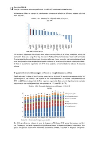 RELATÓRIO OE2014
Situação Financeira das Administrações Públicas 2013 e 2014 (Contabilidade Pública e Nacional)42
ajuda externa. Assim, a margem de manobra para prosseguir a redução do défice por esta via está hoje
mais reduzida.
Gráfico II.3.3. Variação da carga fiscal em 2010-2013
(p.p. PIB)
Fonte: AMECO, outubro de 2013.
Um aumento significativo de impostos teria assim custos económicos e sociais excessivos difíceis de
comportar, dado que a carga fiscal é já elevada em Portugal. O aumento da carga fiscal desde o início do
Programa de Ajustamento foi dos mais elevados na Europa. Novos aumentos expressivos de carga fiscal
num período de início de recuperação económica como o da atual conjuntura seriam contraproducentes.
O foco do ajustamento orçamental em 2014 deve, portanto, ser concentrado na redução da despesa
pública.
O ajustamento orçamental deve agora ser focado na redução de despesa pública
Desde a entrada na área do euro, Portugal assistiu a uma tendência de aumento da despesa pública em
percentagem do PIB (Gráfico II.3.4). Apesar de em 1999 representar 41% do PIB, a despesa atingiu os
51% em 2010 depois do período de forte expansão orçamental. Este aumento é praticamente explicado
pelo aumento nas prestações sociais, que passaram de 13% para 22% do PIB.
Gráfico II.3.4. Evolução da despesa pública em 1999-2013
(% PIB)
Fontes: INE e Ministério das Finanças, outubro de 2013.
Em 2013, prevê-se uma redução do peso da despesa no PIB face a 2010, apesar da recessão económi-
ca. Este esforço está a ser conseguido principalmente através de fortes restrições ao investimento, des-
pesas com pessoal e consumos intermédios. Em sentido contrário, evoluíram as despesas com presta-
2,1
1,9
1,5
-3
-2
-1
0
1
2
3
4
França
Portugal
Itália
AE-17
Rep.Checa
Dinamarca
Finlândia
Grécia
Bélgica
Alemanha
EU-27
Malta
Roménia
Bulgária
Hungria
Áustria
Luxemburgo
Holanda
Eslováquia
ReinoUnido
Polónia
Espanha
Letónia
Eslovénia
Suécia
Lituânia
Estónia
Chipre
Irlanda
13 13 13 14
16 17 18 18 18 19
22 22 22 22 23
13 14 14 14
14 14 14 13 12 12
13 12 11 10 11
3 3 3 3
3 3 3 3 3 3
3 3 4 4
4
4 5 5 4
4 4
5 4 4 4
5 5 5 4
5
3 3 3 3
3 3
3 3 3 3
3 4 3 3
3
5 5
5 4
5 5
5 4 3 3
4 6
4
3
3
41 42
43 43
45 45
47
45 44 45
50
51
49
47
49
0
10
20
30
40
50
1999 2000 2001 2002 2003 2004 2005 2006 2007 2008 2009 2010 2011 2012 2013
Despesa de capital
Outra despesa corrente
Consumo intermédio
Juros
Despesas com pessoal
Prestações sociais
 