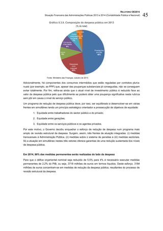 RELATÓRIO OE2014
Situação Financeira das Administrações Públicas 2013 e 2014 (Contabilidade Pública e Nacional) 45
Gráfico II.3.8. Composição da despesa pública em 2013
(% do total)
Fonte: Ministério das Finanças, outubro de 2013.
Adicionalmente, há componentes dos consumos intermédios que estão reguladas por contratos pluria-
nuais (por exemplo, as PPP) que, apesar das poupanças substanciais já conseguidas, não se conseguem
evitar totalmente. Por fim, refira-se ainda que o atual nível de investimento público é reduzido face ao
valor da despesa pública pelo que dificilmente se poderá obter uma poupança significativa nesta rubrica
sem pôr em causa o nível de serviço público.
Um programa de redução de despesa pública deve, por isso, ser equilibrado e desenvolver-se em várias
frentes em simultâneo tendo um princípio estratégico orientador a prossecução de objetivos de equidade:
1. Equidade entre trabalhadores do sector público e do privado;
2. Equidade entre gerações;
3. Equidade entre os serviços públicos e os agentes privados.
Por este motivo, o Governo decidiu enquadrar o esforço de redução de despesa num programa mais
amplo de revisão estrutural da despesa. Surgem, assim, três frentes de atuação integradas: (i) medidas
transversais à Administração Pública, (ii) medidas sobre o sistema de pensões e (iii) medidas sectoriais.
Só a atuação em simultâneo nestes três vetores oferece garantias de uma redução sustentada dos níveis
de despesa pública.
Em 2014, 86% das medidas permanentes serão realizadas do lado da despesa
Para que o défice orçamental nominal seja reduzido de 5,5% para 4% é necessário executar medidas
permanentes de 2,2% do PIB, ou seja, 3718 milhões de euros em termos líquidos. Deste esforço, 3184
milhões de euros concentram-se em medidas de redução da despesa pública, resultantes do processo de
revisão estrutural da despesa.
Prestações
sociais
48%
Despesas
com
pessoal
22%
Juros
9%
Consumo
intermédio
9%
Subsídios;
0%; 0% Outra
despesa
corrente
7%
Despesa
de
capital
4%
 