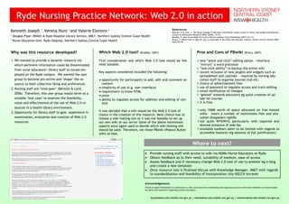 Ryde Nursing Practice Network: Web 2.0 in action
                                                                                                                            References
Kenneth Joseph              Verena Hunt 1 and Valerie Elsmore
                        1                                             2
                        ,                                                                                                   Bertulis, R & Lord, J. The Royal College of Nursing’s information needs survey of nurses and health professionals.
                                                                                                                            Library & Information Research 2006; 30(94): 74-76.
1
    Douglas Piper (RNSH) & Ryde Hospital Library Service, IM&T, Northern Sydney Central Coast Health                        Bradley, P. How to use Web 2.0 in your library. London: Facet Publishing; 2007:122-131.
                                                                                                                            Brisco, S. Which wiki is right for you: a close look at the three top software choices. School Library Journal 2007;
2
    Nurse Education Unit, Ryde Hospital, Northern Sydney Central Coast Health                                               53(5):78-79.




                                                                Which Web 2.0 tool?                                                                   Pros and Cons of PBwiki
Why was this resource developed?                                                            (Bradley, 2007)                                                                                               (Brisco, 2007)

1. We wanted to provide a dynamic resource via                  First consideration was which Web 2.0 tool would be the                                  new “point and click” editing option - interface
                                                                most suitable.                                                                           ‘mirrors’ a word processor
   which pertinent information could be disseminated
                                                                                                                                                         “one click ability” to backup the entire wiki
   from nurse educators/ library staff to nurses em-
                                                                Key aspects considered included the following:                                           recent inclusion of new plugins and widgets such as
   ployed on the Ryde campus. We wanted the user                                                                                                         spreadsheet and calendar – required by nursing edu-
   group to become pro-active and ‘shape’ the re-                                                                                                        cation staff to organise journal club etc.
                                                                • opportunity for participants to add, edit and comment on
                                                                                                                                                         choice of advertisement free
                                                                  content
   source to their collective liking and preferences.
                                                                                                                                                         use of password to regulate access and track editing
                                                                • simplicity of use (e.g. user interface)
2. Nursing staff are ‘time-poor’ (Bertulis & Lord,
                                                                                                                                                         email notification of changes
                                                                • requirement to know HTML
   2006). Therefore, this user group would serve as a                                                                                                    ‘geared’ towards educators eg quick creation of syl-
                                                                • price
   suitable ‘test case’ to examine the feasibility,                                                                                                      labi for courses
                                                                • ability to regulate access for addition and editing of con-
                                                                                                                                                         it is free
   value and effectiveness of the use of Web 2.0 re-              tent
   sources in a health library environment.
                                                                                                                                                         only 10MB worth of space allocated on free hosted
                                                                It was decided that a wiki would be the Web 2.0 tool of
3. Opportunity for library staff to gain experience in                                                                                                   wikis – insert a number of multimedia files and allo-
                                                                choice in the creation of this resource. Next choice was to
   examination, evaluation and creation of Web 2.0                                                                                                       cation disappears rapidly
                                                                choose a wiki hosting site as it was not feasible to set up
                                                                                                                                                         not quite WYSIWYG particularly with required and
   resources.                                                   our own wiki on our server Some of the above mentioned
                                                                                                                                                         desired presence of side bar
                                                                aspects were again used to decide which wiki hosting site
                                                                                                                                                         available toolbars seem to be limited with regards to
                                                                should be used. Therefore, we chose PBwiki (Peanut Butter
                                                                                                                                                         accessible features (eg absence of full justification)
                                                                wiki) as host.


                                                                                                                                                 Where to next?
                                                                                                • Provide nursing staff with access to wiki via NUMs/Nurse Educators at Ryde
                                                                                                • Obtain feedback as to their need, suitability of medium, ease of access
                                                                                                • Assess feedback and if necessary change Web 2.0 tool of use to another eg a blog
                                                                                                  and create a new template
                                                                                                • Once resource tool is finalised discuss with Knowledge Manager, IM&T with regards
                                                                                                  to standardisation and feasibility of incorporation into NSCCH Intranet

                                                                                                Acknowledgements
                                                                                                Thanks to Agnes Wroblewski for obtaining ILLs, Mary Grimmond for proofreading and organising access to Microsoft Publisher and Alyson Dalby
                                                                                                for advice and assistance regarding content and layout.


                                                                                                       kjoseph@nsccahs.health.nsw.gov.au | vahunt@nsccahs.health.nsw.gov.au | velsmore@nsccahs.health.nsw.gov.au