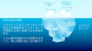 今日紹介した
脅威	
実装されてい
る内部統制	
この部分を考
慮していない
サプライヤー	
未知な物は危険	
コネクテッドなコンポーネントの
統合又は物理的なコンポーネント
の開発には常に改善できる余地が
ある	
これは最早理論だけの攻撃ではな
くて、常に実際に起こる攻撃です	
 