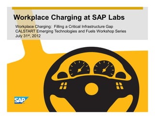 Workplace Charging at SAP Labs
Workplace Charging: Filling a Critical Infrastructure Gap
CALSTART Emerging Technologies and Fuels Workshop Series
July 31st, 2012
 