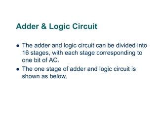 Adder & Logic Circuit
 The adder and logic circuit can be divided into
16 stages, with each stage corresponding to
one bit of AC.
 The one stage of adder and logic circuit is
shown as below.
 