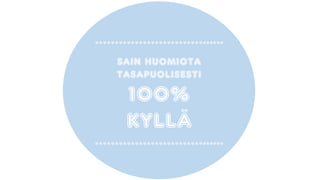 ………………………......
SAIN HUOMIOTA
TASAPUOLISESTI
100%
KYLLÄ
………………………......
 
