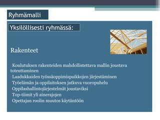 ä

Yksilöllisesti ryhmässä:


Rakenteet

•Koulutuksen rakenteiden mahdollistettava mallin joustava
toteuttaminen
•Laadukkaiden työssäoppimispaikkojen järjestäminen
•Työelämän ja oppilaitoksen jatkuva vuoropuhelu
•Oppilashallintojärjestelmät joustaviksi
•Top-tiimit yli ainerajojen
•Opettajan roolin muutos käytäntöön
 