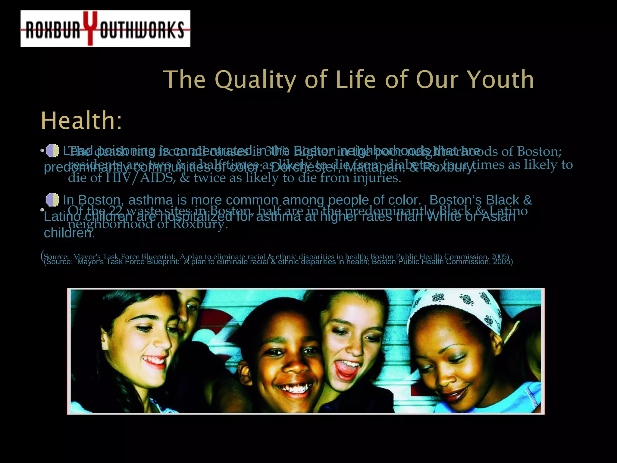 The Quality of Life of Our Youth
Health:Health:
The death rate from all causes is 30% higher in the poor neighborhoods of Boston;
residents are two & a half times as likely to die from diabetes, four times as likely to
die of HIV/AIDS, & twice as likely to die from injuries.
Of the 22 waste sites in Boston, half are in the predominantly Black & Latino
neighborhood of Roxbury.
(Source: Mayor's Task Force Blueprint: A plan to eliminate racial & ethnic disparities in health; Boston Public Health Commission, 2005)
Lead poisoning is concentrated in the Boston neighborhoods that are
predominantly communities of color: Dorchester, Mattapan, & Roxbury.
In Boston, asthma is more common among people of color. Boston’s Black &
Latino children are hospitalized for asthma at higher rates than White or Asian
children.
(Source: Mayor's Task Force Blueprint: A plan to eliminate racial & ethnic disparities in health; Boston Public Health Commission, 2005)
 