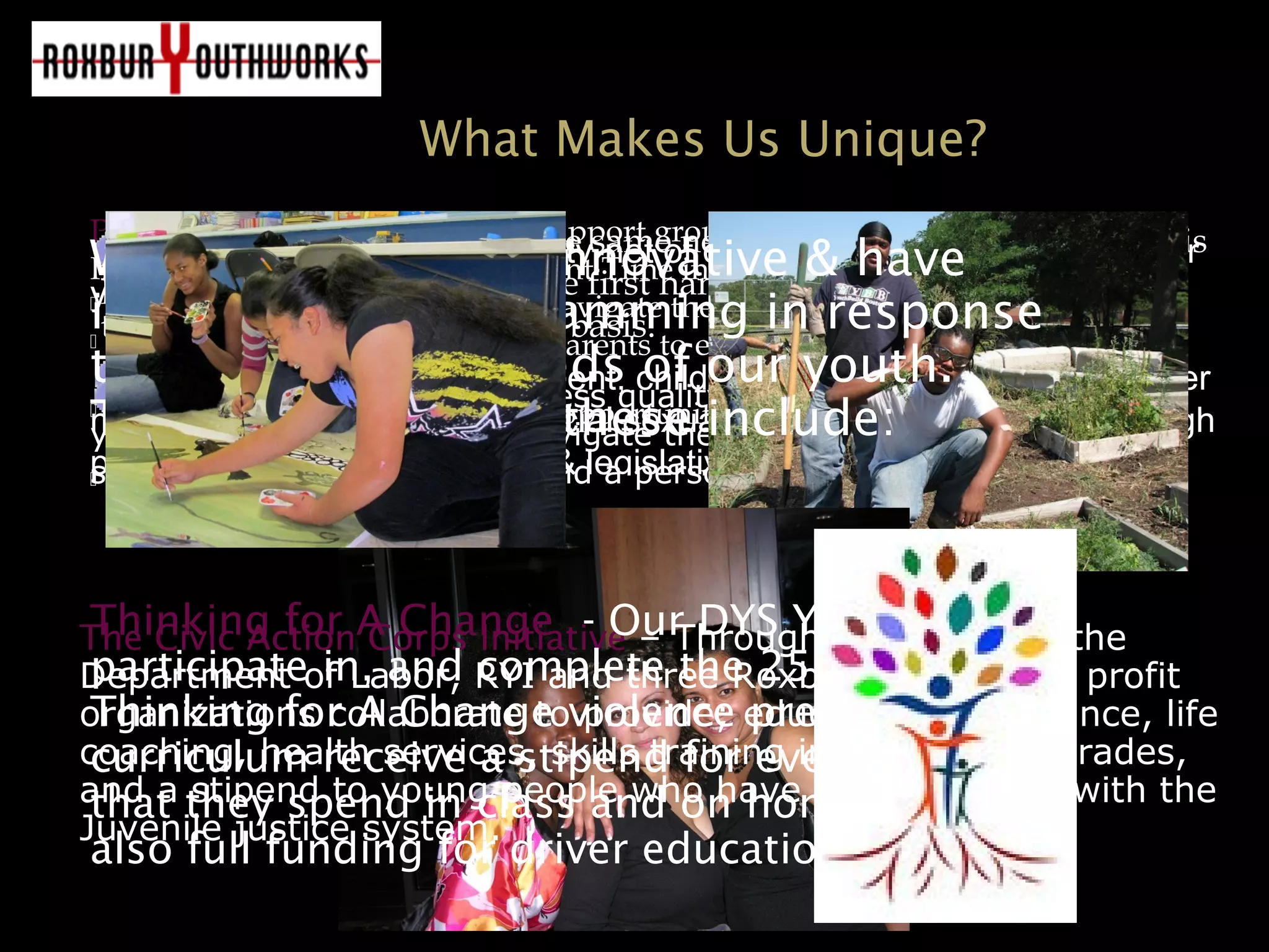 What Makes Us Unique?
Parent Time Group – A weekly support group for parents of DYS
Involved youth. The goals of Parent Time include:
 To support parents as they navigate the DYS system.
 To provide a save place for parents to express their feelings and relieve
stress.
 To provide parents with the opportunity to meet other parents facing
similar issues.
 To help parents gain a little more insight into their children’s behavior.
We construct & keep a safety-net of community supports around our
youth.
We work with law enforcement, child-serving public agencies & other
non-profits to end the commercial sexual exploitation of children through
public awareness campaigns & legislative action.
Our staff know how to access quality community services for our
youth & also know how to navigate the complex social services
system from a professional and a personal vantage point.
Many of our staff live in the same neighborhoods as our youth. This
proximity allows them to have first hand knowledge of the obstacles
that our youth face on a daily basis.
The Civic Action Corps Initiative – Through a grant from the
Department of Labor, RYI and three Roxbury based non profit
organizations collaborate to provide; educational assistance, life
coaching, health services, skills training in the building trades,
and a stipend to young people who have been involved with the
Juvenile justice system.
Thinking for A Change - Our DYS Youth who
participate in, and complete the 25 module,
Thinking for A Change violence prevention
curriculum receive a stipend for every hour
that they spend in class and on homework and
also full funding for driver education classes.
We have remained innovative & have
implemented programming in response
to the changing needs of our youth.
The most recent of these include:
 