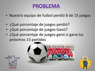 • Nuestro equipo de futbol perdió 8 de 15 juegos
• ¿Qué porcentaje de juegos perdió?
• ¿Qué porcentaje de juegos Ganó?
• ¿Qué porcentaje de juegos ganó si gana los
próximos 15 partidos
 