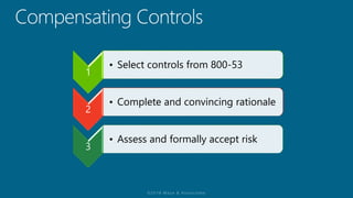 1
• Select controls from 800-53
2
• Complete and convincing rationale
3
• Assess and formally accept risk