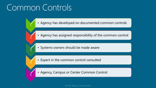 1
• Agency has developed on documented common controls
2
• Agency has assigned responsibility of the common control
3
• Systems owners should be made aware
4
• Expert in the common control consulted
5
• Agency, Campus or Center Common Control