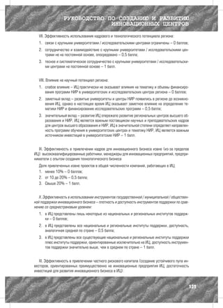 РУКОВОДСТВО ПО СОЗДАНИЮ И РАЗВИТИЮ
                              ИННОВАЦИОННЫХ ЦЕНТРОВ
  VII. Эффективность использования кадрового и технологического потенциала региона:
  1.	 связи с крупными университетами / исследовательскими центрами ограничены – 0 баллов;
  2.	 сотрудничество и взаимодействие с крупными университетами / исследовательскими цен-
      трами не на постоянной основе, опосредовано – 0,5 балла;
  3.	 тесное и систематическое сотрудничество с крупными университетами / исследовательски-
      ми центрами на постоянной основе – 1 балл.


  VIII. Влияние на научный потенциал региона:
  1.	 слабое влияние – ИЦ практически не оказывает влияния на тематику и объемы финансиро-
      вания программ НИР в университетских и исследовательских центрах региона – 0 баллов;
  2.	 заметный вклад – развитые университеты и центры НИР появились в регионе до возникно-
      вения ИЦ, однако в настоящее время ИЦ оказывает заметное влияние на определение те-
      матики НИР и финансирование исследовательских программ – 0,5 балла;
  3.	 значительный вклад – развитие ИЦ опережало развитие региональных центров высшего об-
      разования и НИР, ИЦ является важным поставщиком научных и преподавательских кадров
      для центров высшего образования и НИР, ИЦ в значительной степени определяет направлен-
      ность программ обучения в университетских центрах и тематику НИР, ИЦ является важным
      источником инвестиций в университетские НИР – 1 балл.


  IX. Эффективность в привлечении кадров для инновационного бизнеса извне (из-за пределов
ИЦ): высококвалифицированные работники, менеджеры для инновационных предприятий, предпри-
ниматели с опытом создания технологического бизнеса
  Доля привлеченных извне проектов в общей численности компаний, работающих в ИЦ:
  1.	 менее 10% – 0 баллов;
  2.	 от 10 до 20% – 0,5 балла;
  3.	 Свыше 20% – 1 балл.


   X. Эффективность в использовании инструментов государственной / муниципальной / обществен-
ной поддержки инновационного бизнеса – плотность и доступность инструментов поддержки по срав-
нению со среднестрановым уровнем:
  1.	 в ИЦ представлены лишь некоторые из национальных и региональных институтов поддерж-
      ки – 0 баллов;
  2.	 в ИЦ представлены все национальные и региональные институты поддержки, доступность,
      аналогичная средней по стране – 0,5 балла;
  3.	 в ИЦ представлены все существующие национальные и региональные институты поддержки
      плюс институты поддержки, ориентированные исключительно на ИЦ, доступность инструмен-
      тов поддержки значительно выше, чем в среднем по стране – 1 балл.


   XI. Эффективность в привлечении частного рискового капитала (создание устойчивого пула ин-
весторов, ориентированных преимущественно на инновационные предприятия ИЦ, достаточность
инвестиций для развития инновационного бизнеса в ИЦ):


                                                                                             139
 