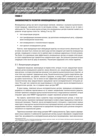 РУКОВОДСТВО ПО СОЗДАНИЮ И РАЗВИТИЮ
     ИННОВАЦИОННЫХ ЦЕНТРОВ
     ГЛАВА 2

     ЗАКОНОМЕРНОСТИ РАЗВИТИЯ ИННОВАЦИОННЫХ ЦЕНТРОВ

     Инновационные центры как места концентрации компаний, связанных с выпуском высокотехноло-
     гичной продукции, сравнительно или по-настоящему молоды – самым старым из них по сорок с
     небольшим лет. Тем не менее анализ истории этих инновационных центров позволяет выявить в их
     развитии четыре крупных этапа (см. таблицу 3 на стр. 25):
         •	 этап концентрации ресурсов;
         •	 этап трансформации экономики региона, где расположен инновационный центр, и формиро-
            вания инновационной экосистемы;
         •	 этап инновационного и технологического прорыва;
         •	 этап зрелости инновационного центра.
        Конечно, такая периодизация носит обобщающий характер и ее нельзя считать обязательной. Тем
     не менее она может быть полезна как своего рода система координат для проектов инновационных
     центров, создающихся в схожих или по крайней мере не имеющих радикальных отличий условиях.
     Тем более что в доказавших свою эффективность инновационных центрах на каждом этапе решал-
     ся строго определенный круг приоритетных управленческих задач, без успешного решения которых
     следующие этапы были бы вряд ли возможны. Рассмотрим содержание этих этапов подробнее.

     2.1. Концентрация ресурсов
        Содержание процессов, происходящих на первом этапе, который, по сути, предшествует возник-
     новению центра инновационного развития, можно обозначить как «концентрация ресурсов». Эконо-
     мика региона, в котором впоследствии возникнет очаг развития высокотехнологичных отраслей, на
     этом этапе еще сохраняет традиционный уклад. Высокотехнологичные отрасли представлены еди-
     ничными компаниями, как правило, малыми и средними, их вклад в ВРП и влияние на рынок тру-
     да крайне незначительны. Тем не менее во всех эффективно работающих инновационных центрах
     технологическому буму предшествовало наращивание научно-исследовательского потенциала ре-
     гиона. Речь идет как о развитии уже существовавших в этих регионах научно-исследовательских и
     университетских центров, так и о создании новых центров НИР2.
        В свою очередь, появление сильных исследовательских центров, проводивших исследования и
     разработки по наиболее перспективным на тот момент направлениям технологического развития,
     начинает привлекать внимание крупных высокотехнологичных и индустриальных компаний, которые
     открывают здесь свои НИОКР-подразделения, создают наукоемкие дочерние предприятия.
        Как правило, привлечение новых и развитие старых исследовательских центров, а также при-
     влечение крупных наукоемких корпораций происходило на фоне упадка традиционных отраслей ре-
     гиональной экономики. Развитие научно-исследовательского потенциала и привлечение якорных
     инвесторов в лице крупных высокотехнологичных корпораций являлись на данном этапе основными
     направлениями политики, направленной на преодоление последствий утраты регионом конкуренто-
     способности на национальном уровне.
        Параллельно возникают связи между центрами НИР и промышленностью. Здесь скорость формиро-
     вания сильно зависела от особенностей национальной системы высшего образования и академической
     науки (там, где университеты и исследовательские центры были госучреждениями, такие связи возника-
     2
      Об особенностях этого этапа становления инновационных центров в азиатских странах, где отсутствовали собственные развитые фундаментальная
     наука и инженерные школы, см. в разделе 2.5 на стр. 26




18
 