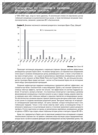 РУКОВОДСТВО ПО СОЗДАНИЮ И РАЗВИТИЮ
     ИННОВАЦИОННЫХ ЦЕНТРОВ
     в 1995–2002 годах, когда их число удвоилось. В значительной степени это обусловлено ростом
     глобальной конкуренции на высокотехнологичных рынках, а также постепенным затуханием техно-
     логической волны, связанной с развитием ИКТ и биотехнологий.

       График 6. Динамика численности компаний-резидентов в технопарке Идеон (Лунд, Швеция)




                                                                               Источник: Ideon Center AB

        Происходит постепенное размывание и «моральное старение» брендов наиболее эффективных
     инновационных центров Старого Света, что связано прежде всего с их повсеместным копированием
     (этим грешат в основном инновационные центры развивающихся стран), а также с отсутствием но-
     вых ярких историй успеха – ни в одном из рассмотренных европейских инновационных центров не
     возникло ничего похожего на Nokia Mobile Phone или Ericsson Mobile. Так, для большинства рези-
     дентов технопарка Идеон предел мечтаний – листинг на Стокгольмской бирже или же поглощение
     какой-нибудь транснациональной корпорацией.
        Созданная инфраструктура поддержки инновационных предприятий работает эффективно, она
     становится все более «технологичной» и масштабируемой. Однако у нее начинают проявляться не-
     гативные побочные эффекты, причем тем сильнее, чем эффективнее эта система поддержки ра-
     ботает. В частности, эксперты отмечают, что относительно легкий доступ к грантовому и долевому
     финансированию инновационных стартапов оказался на руку в первую очередь средним проектам,
     не имеющим каких-либо глобальных амбиций и серьезных перспектив на международных рынках.
     Это обстоятельство в основном серьезно тормозит развитие рынка венчурных инвестиций, несмотря
     на все усилия по созданию механизмов разделения рисков. Венчурные инвесторы не интересуют-
     ся «инновационными проектами вообще», им нужны компании, которые потенциально могут стать
     глобальными лидерами. Только в этом случае инвестор имеет шансы на возмещение потерь от
     вложений в провальные и не выстрелившие проекты и получение приемлемого уровня доходности
     портфеля. В итоге практически ни одному из рассмотренных европейских инновационных центров
     не удалось в 2000-е годы создать новые глобальные истории успеха и повторить прорыв 80–90-х.
        Кроме того, предпринятые в Европе шаги по вовлечению университетских исследований в создание
     технологических стартапов так и не привели к появлению класса настоящих ученых-предпринимателей,
     которые были и остаются основной движущей силой инновационной системы Кремниевой долины. Как


24
 