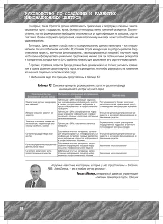 РУКОВОДСТВО ПО СОЗДАНИЮ И РАЗВИТИЮ
     ИННОВАЦИОННЫХ ЦЕНТРОВ
        Во-первых, такая стратегия должна обеспечивать привлечение и поддержку ключевых заинте-
     ресованных групп: государства, вузов, бизнеса и непосредственно компаний-резидентов. Соответ-
     ственно, при ее формировании необходимо отталкиваться от идентификации их запросов, страте-
     гия также обязана содержать предложения, каким образом научный парк может способствовать их
     удовлетворению.
        Во-вторых, бренд должен способствовать позиционированию данного технопарка – как в нацио-
     нальном, так и в глобальном масштабе. В условиях острой конкуренции за ресурсы развития (пер-
     спективные проекты, венчурное финансирование, квалифицированный персонал) научному парку
     необходимо сформулировать уникальное предложение именно для тех потенциальных резидентов
     и контрагентов, которые могут быть особенно полезны для достижения его стратегических целей.
        В-третьих, стратегия развития бренда должна быть динамичной и не только учитывать измене-
     ния в уровне развития самого научного парка, его резидентов, но и гибко реагировать на изменения
     во внешней социально-экономической среде.
        В обобщенном виде эти принципы представлены в таблице 13.

                  Таблица 13. Основные принципы формирования стратегии развития бренда
                                  инновационного центра/ научного парка
          Управляемые факторы        Инструменты, используемые для продвижения                    Обратная связь
       формирования сильного бренда                     бренда
                                     Публикации в СМИ; организация националь-
     Привлечение крупных международ- ных и международных конференций и участие       Рост узнаваемости бренда; увеличение
     ных компаний                    в таковых; распространение информации в         числа соискателей, привлеченных присут-
                                     процессе неформального и профессионально-       ствием крупных международных компаний
                                     го общения
                                     Публикации в СМИ; распространение инфор-
     Истории успешного развития ре-                                                  Улучшение условий доступа компаний-ре-
                                     мации в процессе неформального и профес-
     зидентов                                                                        зидентов к венчурному финансированию и
                                     сионального общения; подготовка собственных     банковским кредитам
                                     печатных материалов
     Заметное позитивное влияние на                                                  Формирование условий для получения
     региональную, национальную эко- Публикации в СМИ; собственные печатные          государственной поддержки, в частности
     номику (занятость, налоги)      материалы                                       путем создания венчурных фондов
                                      Собственные печатные материалы; организа-
     Качество процедур отбора рези-   ция специализированных и профессиональных      Улучшение условий доступа компаний-ре-
     дентов                           конференций и участие в таковых; распростра-   зидентов к венчурному финансированию и
                                      нение информации в процессе неформального      банковским кредитам
                                      и профессионального общения
     Качество управления операционной Собственные печатные материалы; нефор-
                                                                        распро-
                                      странение информации в процессе                Увеличение числа соискателей
     деятельностью парка              мального и профессионального общения
     Качество и ассортимент услуг,    Собственные печатные материалы; распро-
     предоставляемых резидентам       странение информации в процессе нефор-         Увеличение числа соискателей
                                      мального и профессионального общения



                               «Крупные известные корпорации, которые у нас представлены – Ericsson,
                             ABB, AstraZeneca, – это в любом случае реклама».
                                                           Томас Мёллер, генеральный директор управляющей
                                                                        компании технопарка Идеон, Швеция




68
 