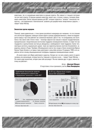РУКОВОДСТВО ПО СОЗДАНИЮ И РАЗВИТИЮ
                               ИННОВАЦИОННЫХ ЦЕНТРОВ
инвестиции, так и о конкуренции инвесторов за хорошие проекты. Все зависит от текущего состояния
той или иной отрасли. В хорошие времена инвесторы звонят мне, в плохие я сажусь и начинаю обзва-
нивать инвесторов. Сейчас хорошие времена для ИКТ, интернет-проектов и “зеленых” технологий и не-
простые – для медицинских и биотехнологий, особенно для разработчиков лекарственных средств», –
говорит Томас Мёллер.


Экосистема против иерархии

Пожалуй, самое удивительное, с точки зрения российского менеджера или чиновника, что эта сложная
сеть институтов поддержки, имеющих схожие задачи и разную подведомственность, никем не координи-
руется сверху и при этом работает как слаженный механизм. Дело в том, что складывалась она посте-
пенно и без какого-либо четкого плана – технопарк обрастал все новыми и новыми государственными,
муниципальными и общественными институтами поддержки инновационного бизнеса, по мере того как
государство и крупный бизнес все больше убеждались в необходимости такой поддержки. Более того,
некоторые институты национального уровня, такие как правительственное агентство Innovationbron, за-
родились именно в Лунде. Прообраз «Инновационного моста» был создан в Сконе основателем Идеона
Свеном-Тором Холмом и на первых порах действовал в масштабах региона. В середине 1990-х его на-
работки легли в основу общенациональной платформы поддержки коммерциализации знаний.
   «В начале своего пути Идеон действовал в одиночку. Сегодня же я не могу назвать какого-то одного
человека или организацию, которые были бы главными и отвечали за все, – говорит Томас Мёллер. –
Это своего рода экосистема, которая сама себя регулирует. Мы все зависим друг от друга, именно по-
этому она работает».
                                                                     Автор – Дмитрий Миндич
                                       В подготовке статьи принимала участие Анна Никифорова




                                                                                                      87
 