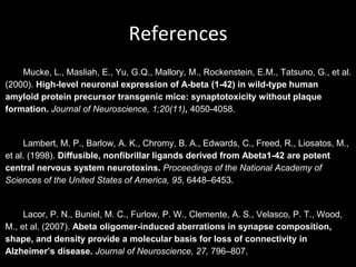 References
    Mucke, L., Masliah, E., Yu, G.Q., Mallory, M., Rockenstein, E.M., Tatsuno, G., et al.
(2000). High-level neuronal expression of A-beta (1-42) in wild-type human
amyloid protein precursor transgenic mice: synaptotoxicity without plaque
formation. Journal of Neuroscience, 1;20(11), 4050-4058.


     Lambert, M. P., Barlow, A. K., Chromy, B. A., Edwards, C., Freed, R., Liosatos, M.,
et al. (1998). Diffusible, nonfibrillar ligands derived from Abeta1-42 are potent
central nervous system neurotoxins. Proceedings of the National Academy of
Sciences of the United States of America, 95, 6448–6453.


     Lacor, P. N., Buniel, M. C., Furlow, P. W., Clemente, A. S., Velasco, P. T., Wood,
M., et al. (2007). Abeta oligomer-induced aberrations in synapse composition,
shape, and density provide a molecular basis for loss of connectivity in
Alzheimer’s disease. Journal of Neuroscience, 27, 796–807.
 