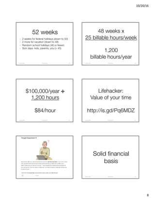 10/20/16
8
52 weeks
- 2 weeks for federal holidays (down to 50)
- 2 more for vacation (down to 48)
- Random school holidays (46 or fewer)
- Sick days: kids, parents, you (< 45)
@clearwriterOctober	2016 43
48 weeks x
25 billable hours/week
1,200
billable hours/year
@clearwriterOctober	2016 44
$100,000/year
1,200 hours
$84/hour
@clearwriterOctober	2016 45
Lifehacker:
Value of your time
http://is.gd/Pq6MDZ
@clearwriterOctober	2016 46
@clearwriterOctober	2016 47
Solid financial
basis
@clearwriterOctober	2016 48
 