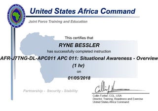 This certifies that
RYNE BESSLER
has successfully completed instruction
AFR-J7TNG-DL-APC011 APC 011: Situational Awareness - Overview
(1 hr)
on
01/05/2018
 