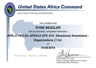 This certifies that
RYNE BESSLER
has successfully completed instruction
AFR-J7TNG-DL-APC012 APC 012: Situational Awareness -
Organizations (1 hr)
on
01/05/2018
 