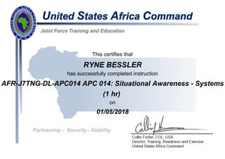 This certifies that
RYNE BESSLER
has successfully completed instruction
AFR-J7TNG-DL-APC014 APC 014: Situational Awareness - Systems
(1 hr)
on
01/05/2018
 