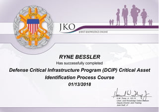 RYNE BESSLER
Has successfully completed
Defense Critical Infrastructure Program (DCIP) Critical Asset
Identification Process Course
01/13/2018
 