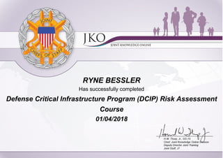 RYNE BESSLER
Has successfully completed
Defense Critical Infrastructure Program (DCIP) Risk Assessment
Course
01/04/2018
 