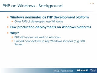 Windows  dominates  as PHP development platform Over 75% of developers use Windows Few production deployments on Windows platforms Why? PHP did not run as well on Windows Limited connectivity to key Windows services (e.g. SQL Server) PHP on Windows -  Background #  