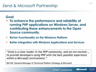 Zend & Microsoft Partnership Goal: To  enhanc e  the performance and reliability of running PHP applications on Windows Server, and contributing these enhancements to the Open Source community.   Richer Functionality on the Windows Platform Better Integration with Windows Applications and Services #  “ Zend is a clear leader in the PHP community, and we are excited … to provide developers using PHP with the best possible experience within a Microsoft environment.” Bill Hilf, General Manager of Technical Platform Strategy at Microsoft  