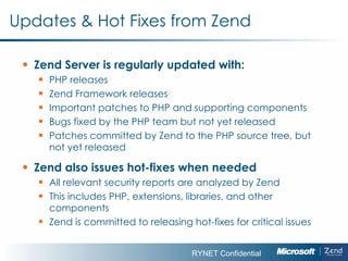 Updates & Hot Fixes from Zend Zend Server is regularly updated with: PHP releases Zend Framework releases Important patches to PHP and supporting components Bugs fixed by the PHP team but not yet released Patches committed by Zend to the PHP source tree, but not yet released Zend also issues hot-fixes when needed All relevant security reports are analyzed by Zend This includes PHP, extensions, libraries, and other components Zend is committed to releasing hot-fixes for critical issues 