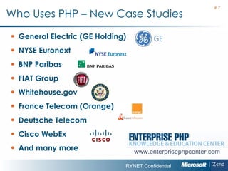 Who Uses PHP – New Case Studies General Electric (GE Holding) NYSE Euronext BNP Paribas FIAT Group Whitehouse.gov France Telecom (Orange) Deutsche Telecom Cisco WebEx And many more #  www.enterprisephpcenter.com 