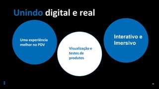 39
Uma experiência
melhor no PDV
Visualização e
testes de
produtos
Interativo e
Imersivo
Unindo digital e real
 