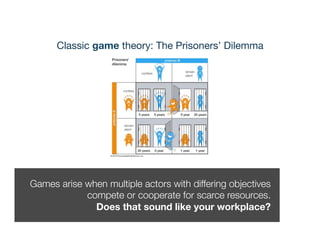 Classic game theory: The Prisoners’ Dilemma




Games arise when multiple actors with differing objectives
            compete or cooperate for scarce resources.
              Does that sound like your workplace?
 