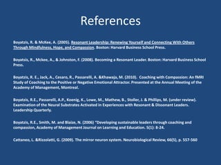 References
Boyatzis, R. & McKee, A. (2005). Resonant Leadership: Renewing Yourself and Connecting With Others
Through Mindfulness, Hope, and Compassion. Boston: Harvard Business School Press.

Boyatsis, R., Mckee, A., & Johnston, F. (2008). Becoming a Resonant Leader. Boston: Harvard Business School
Press.

Boyatzis, R. E., Jack, A., Cesaro, R., Passarelli, A. &Khawaja, M. (2010). Coaching with Compassion: An fMRI
Study of Coaching to the Positive or Negative Emotional Attractor. Presented at the Annual Meeting of the
Academy of Management, Montreal.

Boyatzis, R.E., Passarelli, A.P., Koenig, K., Lowe, M., Mathew, B., Stoller, J. & Phillips, M. (under review).
Examination of the Neural Substrates Activated in Experiences with Resonant & Dissonant Leaders.
Leadership Quarterly.

Boyatzis, R.E., Smith, M. and Blaize, N. (2006) “Developing sustainable leaders through coaching and
compassion, Academy of Management Journal on Learning and Education. 5(1): 8-24.

Cattaneo, L. &Rizzolatti, G. (2009). The mirror neuron system. Neurobiological Review, 66(5), p. 557-560
 