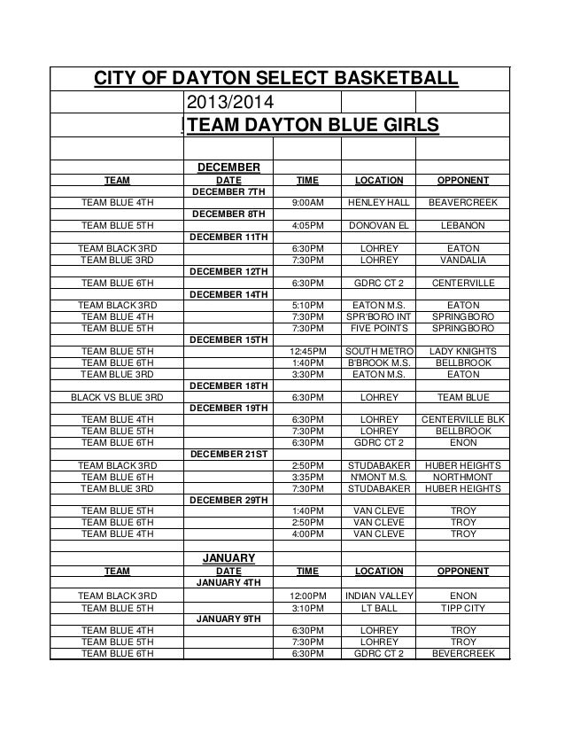 City of Dayton Basketball Schedules 2014 CityWide & Select Leagues