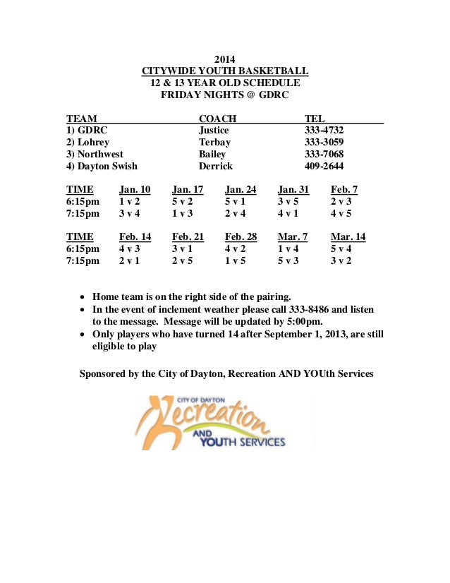 City of Dayton Basketball Schedules 2014 CityWide & Select Leagues