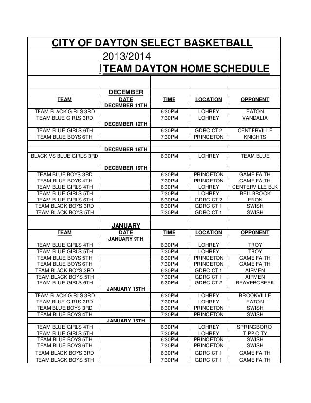 City of Dayton Basketball Schedules 2014 CityWide & Select Leagues