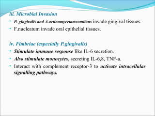 iii. Microbial Invasion
• P. gingivalis and A.actinomycetamcomitans invade gingival tissues.
• F.nucleatum invade oral epithelial tissues.
iv. Fimbriae (especially P.gingivalis)
• Stimulate immune response like IL-6 secretion.
• Also stimulate monocytes, secreting IL-6,8, TNF-a.
• Interact with complement receptor-3 to activate intracellular
signalling pathways.
 