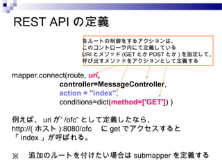 REST API の定義
各ルートの制御をするアクションは、
このコントローラ内にて定義している
URI とメソッド (GET とか POST とか ) を指定して、
呼び出すメソッドをアクションとして定義する

mapper.connect(...