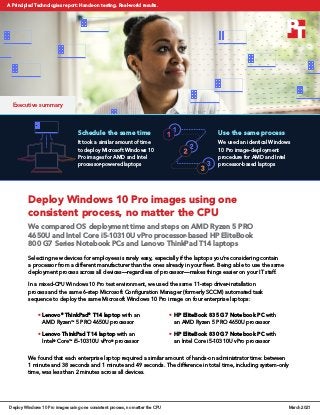 Deploy Windows 10 Pro images using one
consistent process, no matter the CPU
We compared OS deployment time and steps on AMD Ryzen 5 PRO
4650U and Intel Core i5-10310U vPro processor-based HP EliteBook
800 G7 Series Notebook PCs and Lenovo ThinkPad T14 laptops
Selecting new devices for employees is rarely easy, especially if the laptops you’re considering contain
a processor from a different manufacturer than the ones already in your fleet. Being able to use the same
deployment process across all devices—regardless of processor—makes things easier on your IT staff.
In a mixed-CPU Windows 10 Pro test environment, we used the same 11-step driver-installation
process and the same 6-step Microsoft Configuration Manager (formerly SCCM) automated task
sequence to deploy the same Microsoft Windows 10 Pro image on four enterprise laptops:
• Lenovo®
ThinkPad®
T14 laptop with an
AMD Ryzen™
5 PRO 4650U processor
• Lenovo ThinkPad T14 laptop with an
Intel®
Core™
i5-10310U vPro®
processor
• HP EliteBook 835 G7 Notebook PC with
an AMD Ryzen 5 PRO 4650U processor
• HP EliteBook 830 G7 Notebook PC with
an Intel Core i5-10310U vPro processor
We found that each enterprise laptop required a similar amount of hands-on administrator time: between
1 minute and 38 seconds and 1 minute and 49 seconds. The difference in total time, including system-only
time, was less than 2 minutes across all devices.
Schedule the same time
It took a similar amount of time
to deploy Microsoft Windows 10
Pro images for AMD and Intel
processor-powered laptops
Use the same process
We used an identical Windows
10 Pro image-deployment
procedure for AMD and Intel
processor-based laptops
Executive summary
Deploy Windows 10 Pro images using one consistent process, no matter the CPU March 2021
A Principled Technologies report: Hands-on testing. Real-world results.
 
