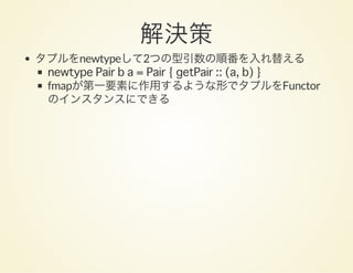 解決策タプルをnewtypeして2つの型引数の順番を入れ替える
newtype Pair b a = Pair { getPair :: (a, b) }
fmapが第一要素に作用するような形でタプルをFunctor
のインスタンスにできる
 