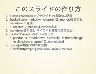 このスライドの作り方1. iHaskell notebookでブラウザ上で対話的に記録
2. ihaskell view markdown chapter12_monoidを実行し
markdownに変換
chapter12_monoidは.ipynbの名前
3. markdownを手直し(ハイライト部分の指定など)
4. pandocでreveal.js用にhtmlを出力
pandoc -s -f markdown -t revealjs -V theme:beige
-o slide.html chapter12_monoid.md
5. reveal.jsの機能でPDFに変換
参考: https://gist.github.com/uupaa/7744760
 