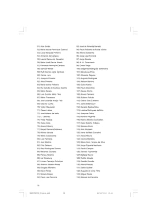 98
51) Azis Simão
52) Maria Isaura Pereira de Queiroz
53) Lúcia Marques Pinheiro
54) Armando de Campos
55) Laerte Ramos de Carvalho
56) Maria José Garcia Wereb
57) Fernando Henrique Cardoso
58) Samuel Wereb
59) Ruth Correia Leite Cardoso
60) Carlos Lyra
61) Joaquim Pimenta
62) Alice Pimenta
63) Maria lsolina Pinheiro
64) Rui Galvão de Andrada Coelho
65) Mário Barata
66) Luís Eucídio Melo Filho
67) Mário Travassos
68) José Lacerda Araújo Feio
69) Otacílio Cunha
70) Víctor Staviarski
71) Cesar Lattes
72) José Alberto de Melo
73) L. Laboriau
74) Frota Pessoa
75) Celso Kelly
76) Alvaro Kilkerry
77) Bayart Damaria Bolteaux
78) Afonso Varzea
79) Mário Casassanta
80) Luis Palmeira
81) Joel Martins
82) Fritz Delauro
83) Raul Rodrigues Gomes
84) Mecenas Dourado
85) Perseu Abramo
86) lva Weisberg
87) Linneu Camargo Schultzer
88) Alvércio Moreira Alves
89) Douglas Monteiro
90) David Perez
91) Moisés Brejon
92) Paulo Leal Ferreira
93) José de Almeida Barreto
94) Paulo Roberto de Paula e Silva
95) Afonso Saldanha
96) Jorge Leal Ferreira
97) Jorge Barata
98) A. H. Zimermann
99) Cesar Veiga
100) Diógenes Rodrigues de Oliveira
101) Mendonça Pinto
102) Silvestre Ragusa
103) Augusto Rodrigues
104) Nelson Martins
105) Dulce Kanitz
106) Paulo Maranhão
107) Neusa Worllo
108) Álvaro Palmeiro
109) Rubens Falcão
110) Otávio Dias Carneiro
111) Jaime Bittencourt
112) Geraldo Bastos Silva
113) Letelba Rodrigues de Brito
114) Joaquina Daltro
115) Honório Peçanha
116) Helena Moreira Guimarães
117) Ester Botelho Orêstes
118) Mariana Alvim
119) Aldo Muylaert
120) Irene de Melo Carvalho
121) Tasso Moura
122) Cecília Meireles
123) Maria Geni Ferreira da Silva
124) Jorge Figueira Machado
125) Paulo Campos
126) Tarcisio Tupinambá
127) Baltazar Xavier
128) Teófilo Moisés
129) Gastão Gouvêa
130) Albino Peixoto
131) Dalila Quitete
132) Augusto de Lima Filho
133) Miguel Reale
134) Manoel de Carvalho
MANIFESTOS_finais.pmd 21/10/2010, 08:2198
 