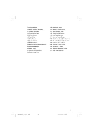 99
135) Wilson Martins
136) Milton Lourenço de Oliveira
137) Roberto Danemann
138) Silvia Bastos Tigre
139) Wilson Cantoni
140) Raul Sellis
141) Silvia Maurer
142) Gui de Holanda
143) Adalberto Sena
144) Antonio Candido de Melo e Souza
145) Inezil Pena Marinho
146) Maria Thetis
147) Alberto Pizarro Jacobina
148) Álvaro Vieira Pinto
149) Modesto de Abreu
150) Zenaide Cardoso Schultz
151) Celita Barcelos Rosa
152) lsmael França Campos
153) Zilda Faria Machado
154) Iracema França Campos
155) Alfredina de Souto Sales Sommer
156) Oto Carlos Bandeira Duarte Filho
157) Valdemar Marques Pires
158) Viriato da Costa Gomes
159) Niel Aquino Casses
160) Terezinha de Azeredo Fortes
161) Hugo Regis dos Reis
MANIFESTOS_finais.pmd 21/10/2010, 08:2199
 