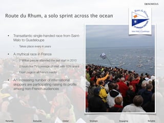 Route du Rhum, a solo sprint across the ocean
!
• Transatlantic single-handed race from Saint-
Malo to Guadeloupe
- Takes ...