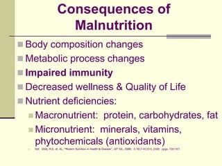 Consequences of MalnutritionBody composition changesMetabolic process changesImpaired immunityDecreased wellness & Quality of Life Nutrient deficiencies:Macronutrient:  protein, carbohydrates, fatMicronutrient:  minerals, vitamins,    phytochemicals (antioxidants)Ref.  Shils, M.E. et. Al., “Modern Nutrition in Health & Disease”, 10th Ed., ISBN:  0 7817-4133-5, 2006.  ppgs. 730-747.